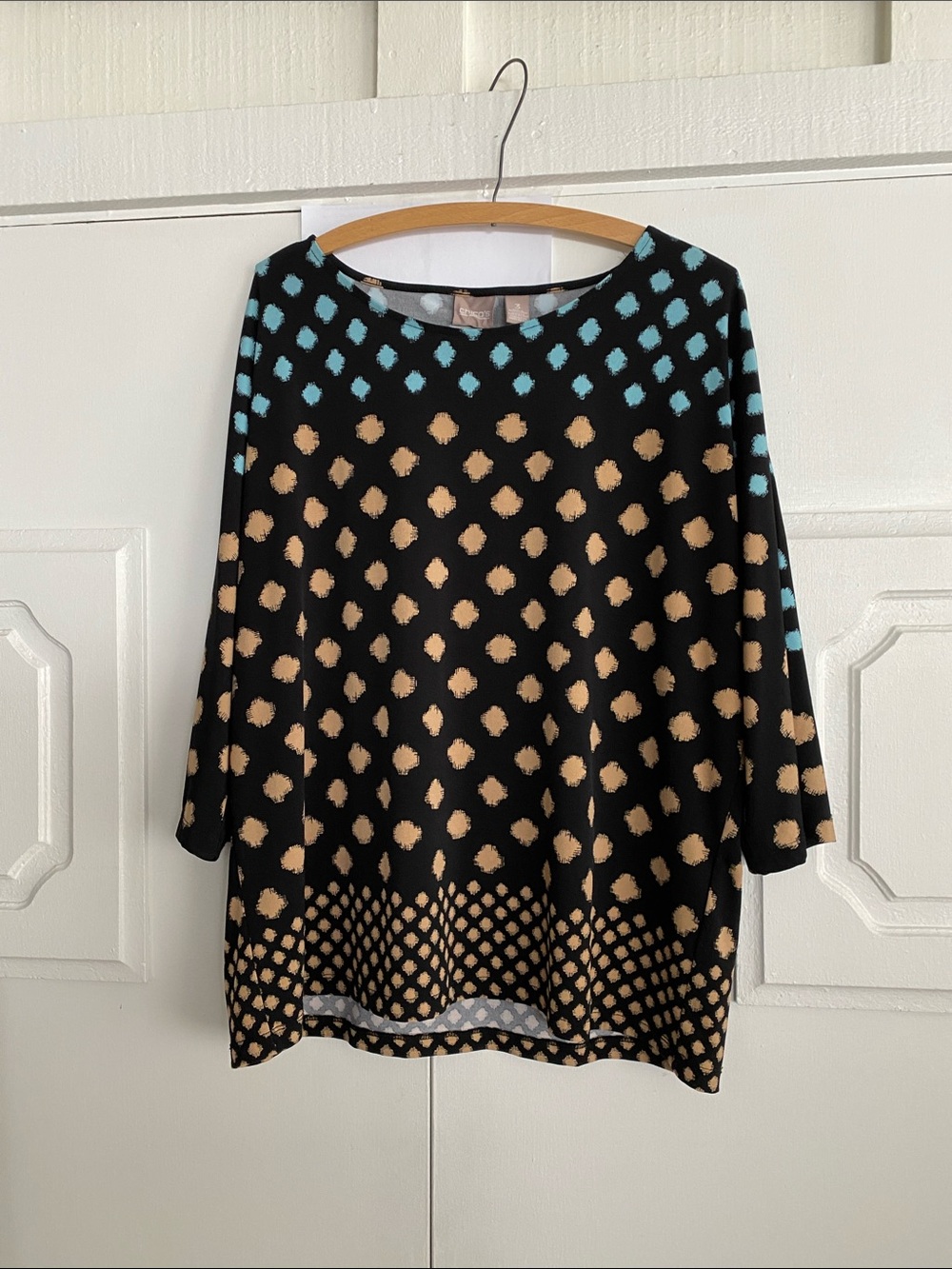 Chico's Size 3 Black Top with Aqua Geo Dot Pattern